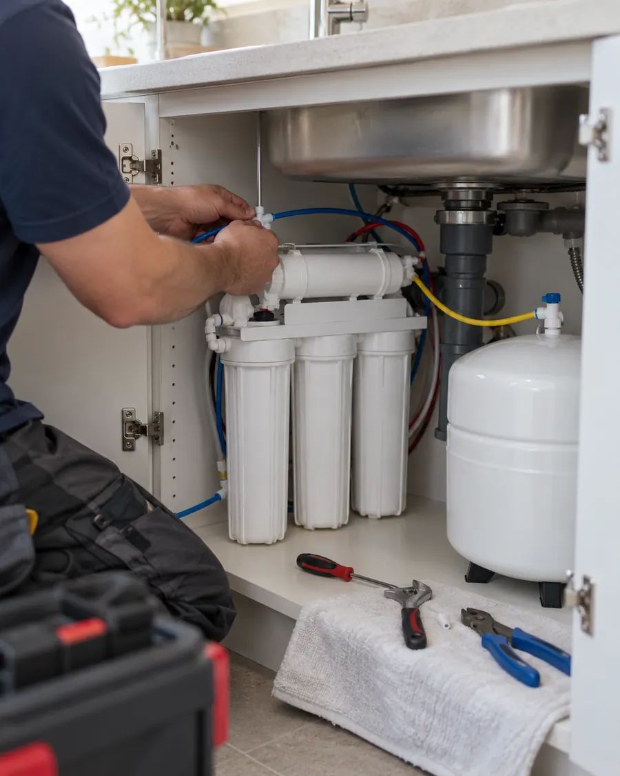 Reverse osmosis system installed under a kitchen sink